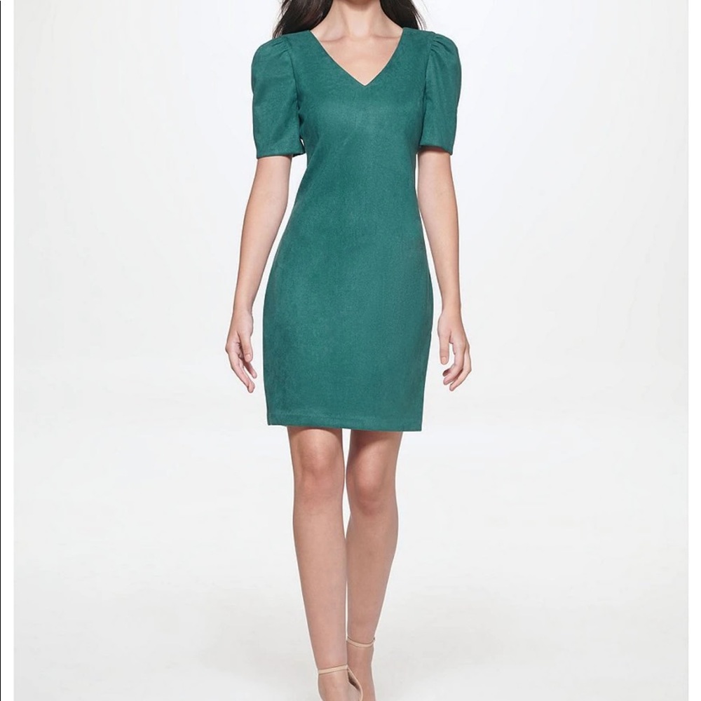 V-Neck Short Puff Sleeve Faux Suede Sheath Dress
